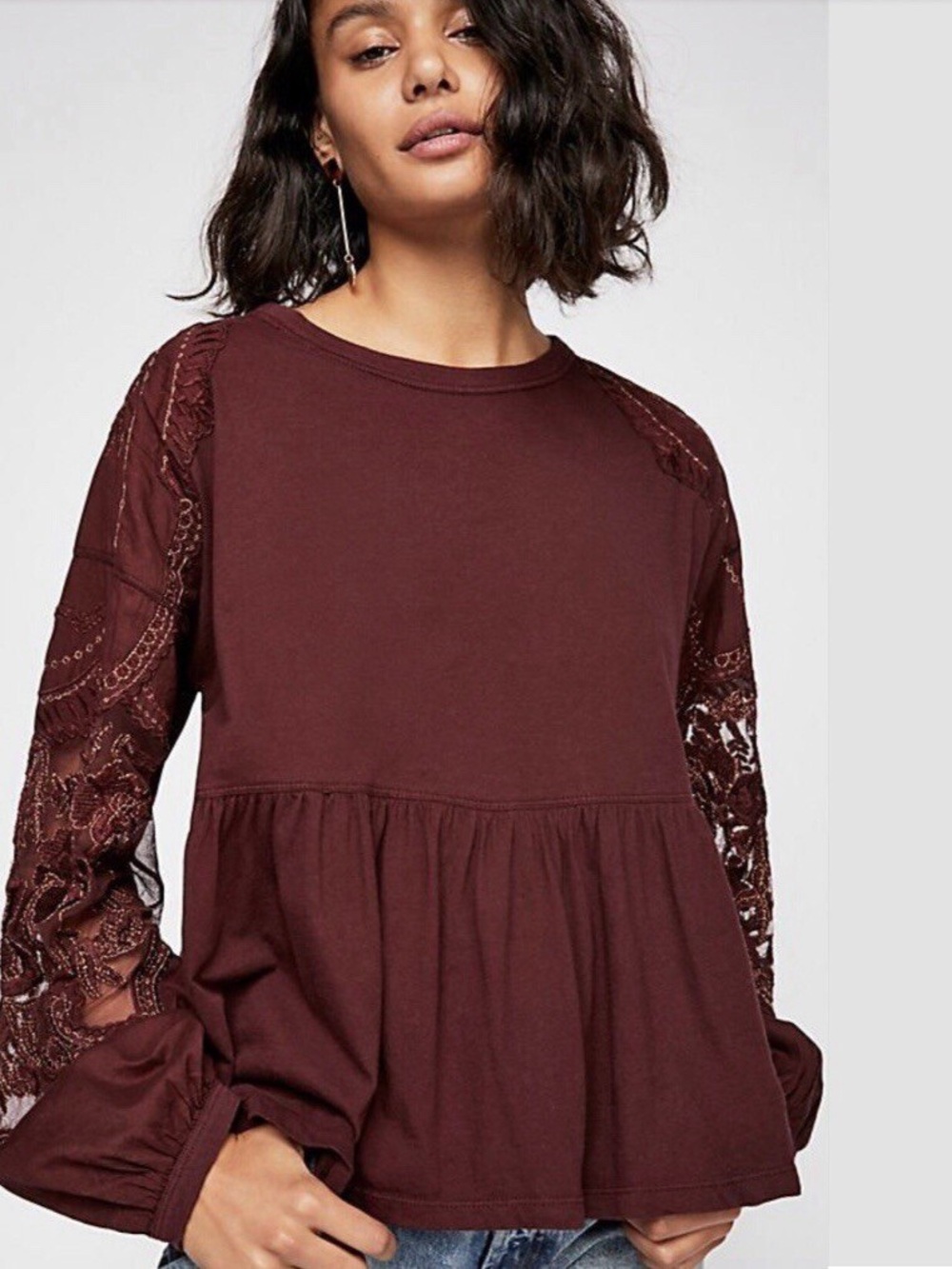 Free People NWT Penny Tee Burgundy Peasant Peplum Top Boho Witchy Cozy Size S